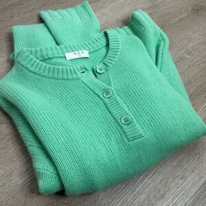 100% Cashmere Green Thick Knit Oversized Henley Sweater Top OGD Size Medium